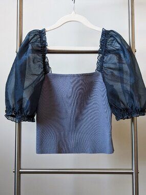 Aritzia Wilfred Light Blue Crop Top Sheer Organza Puff Sleeve Size XXS